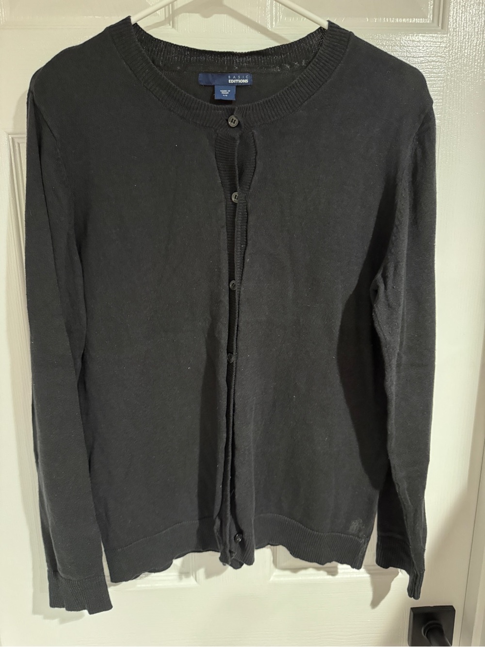 Basic Editions Black Button-Front Crewneck Cardigan